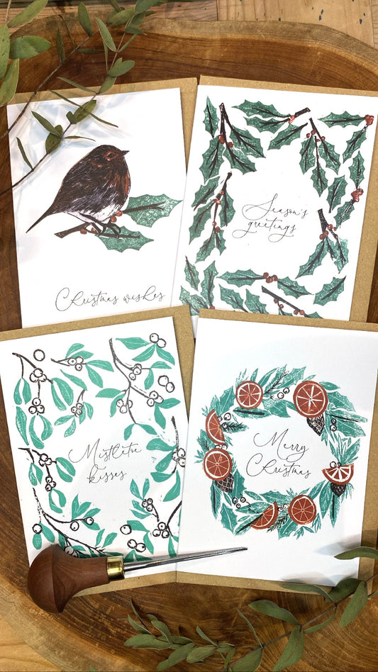 Festive Foliage Lino Print A7 Greetings Card Multi Pack of 4