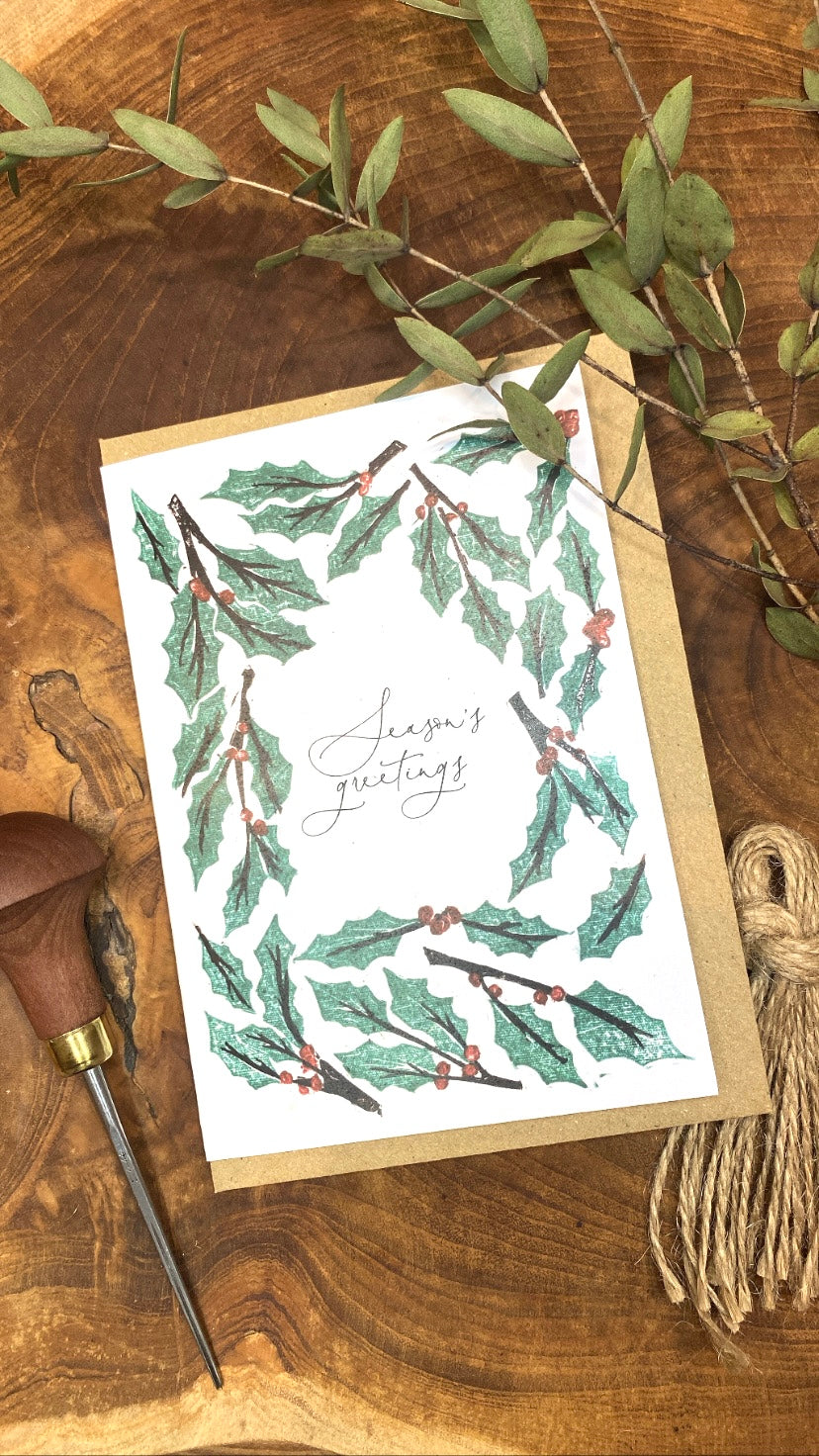 Festive Foliage Lino Print A7 Greetings Card Multi Pack of 4