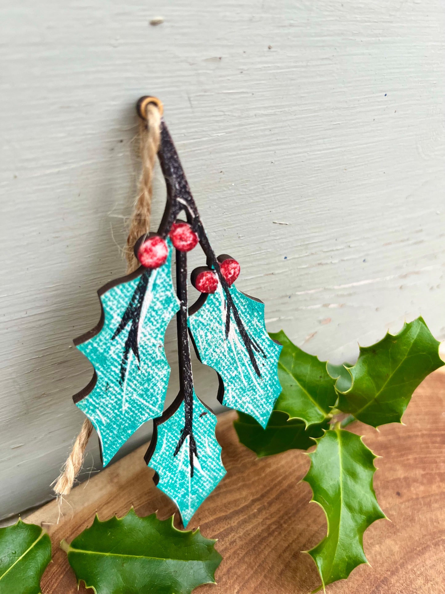 Holly Wooden Christmas Tree Decoration
