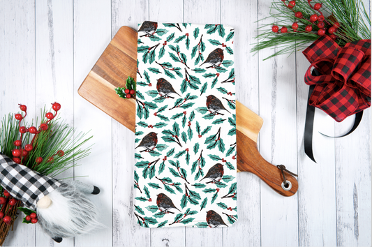 Christmas Robin Tea Towel - White