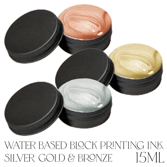 Waterbased Printing Ink 15ml - Metalic Gold, Silver & Bronze