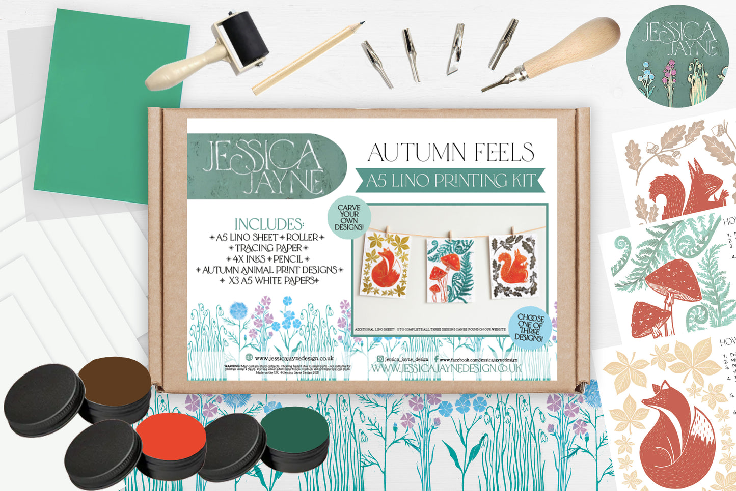 Autumn Feels- Lino Printing A5 Art Kit - Squirrel, Mushroom & Fox