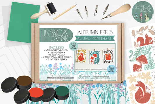 Autumn Feels- Lino Printing A5 Art Kit - Squirrel, Mushroom & Fox