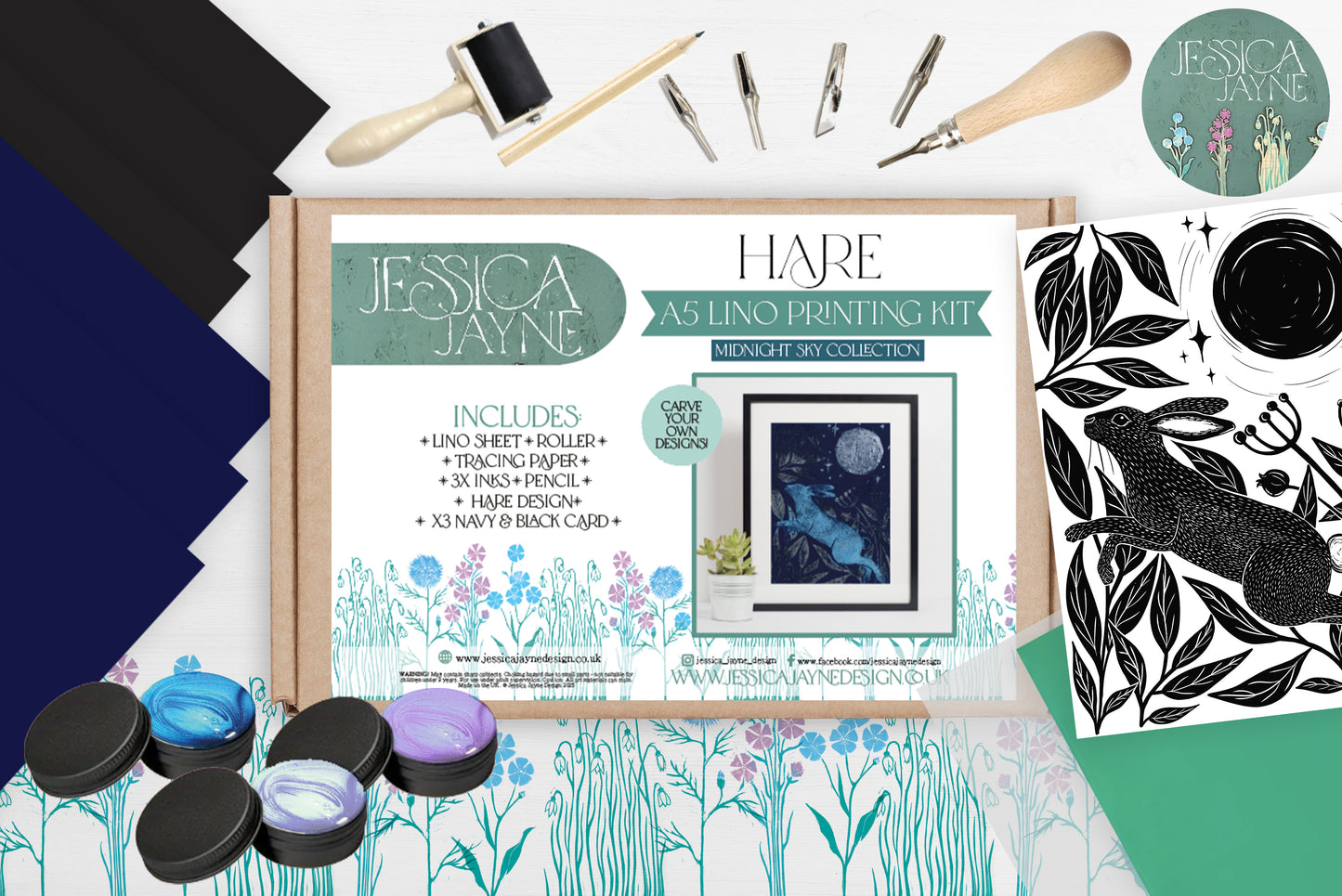 Midnight Skies- Lino Printing A5 Art Kit - Hare, Stag & Owl
