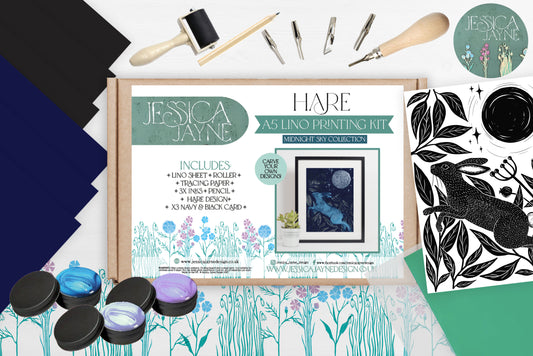 Midnight Skies- Lino Printing A5 Art Kit - Hare, Stag & Owl