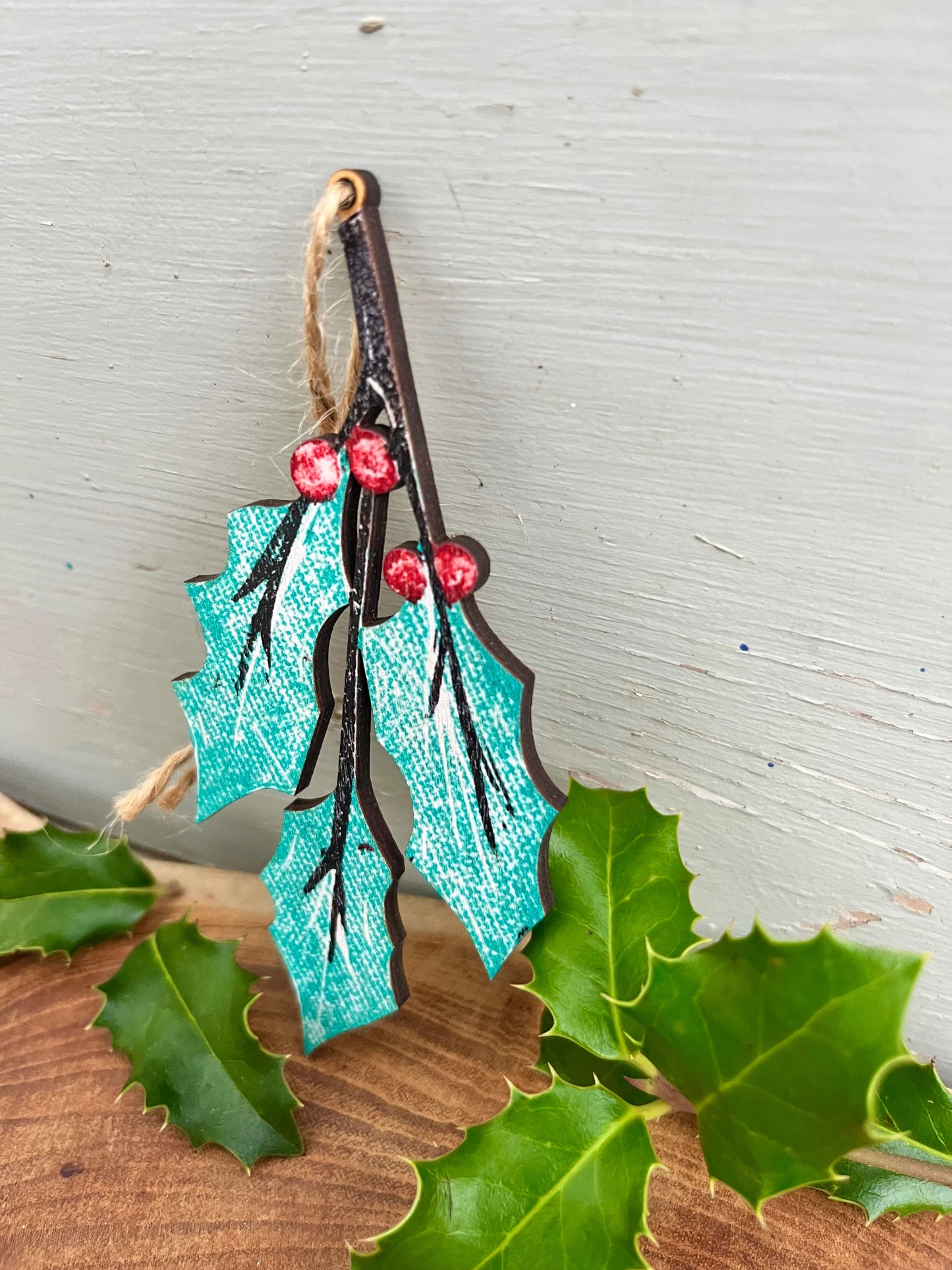 Holly Wooden Christmas Tree Decoration