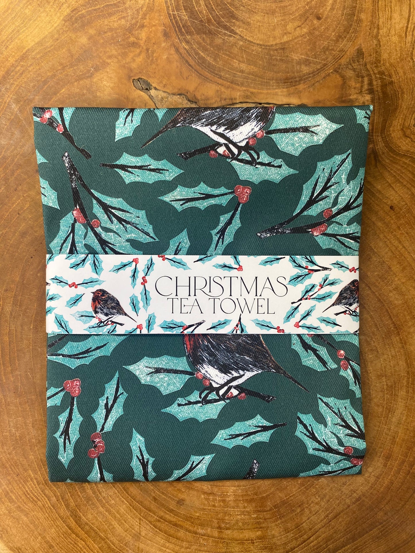 Christmas Robin Tea Towel - Green