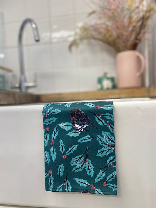 Christmas Robin Tea Towel - Green