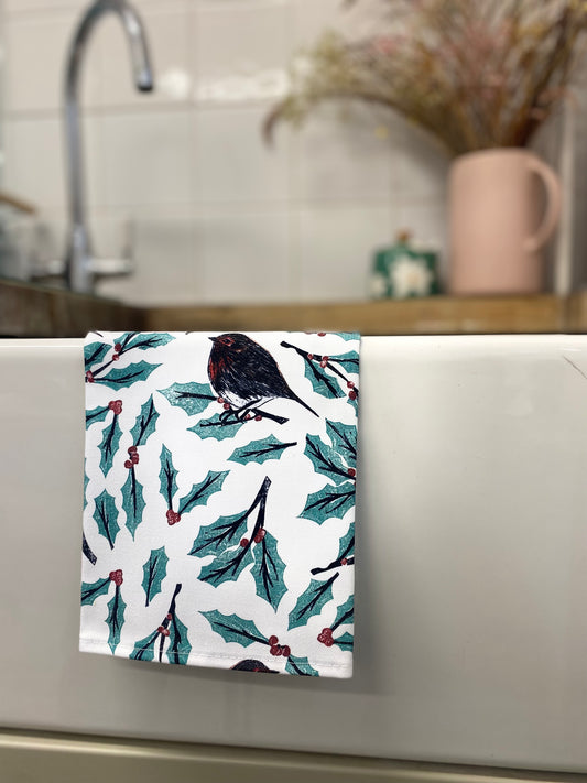 Christmas Robin Tea Towel - White