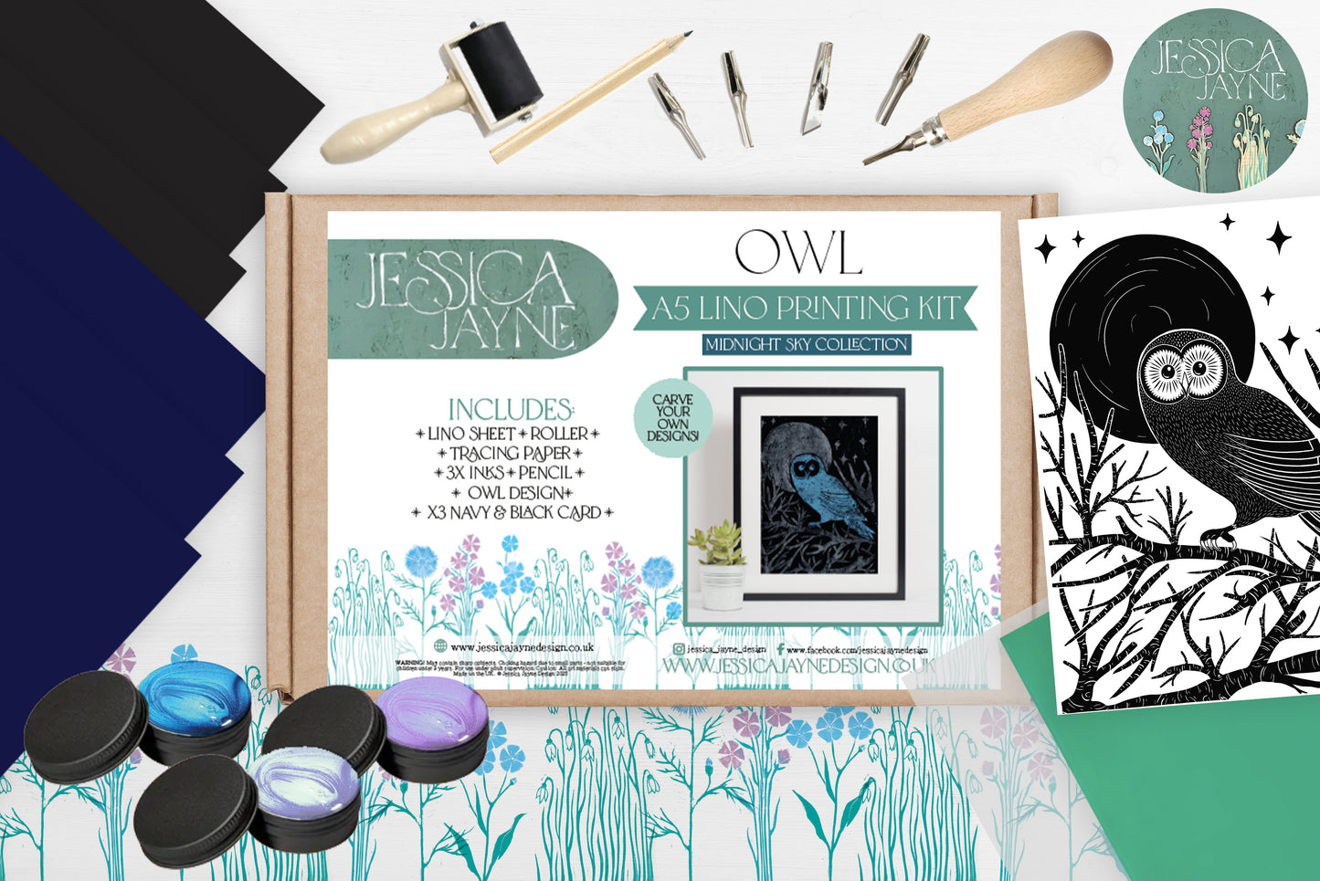 Midnight Skies- Lino Printing A5 Art Kit - Hare, Stag & Owl