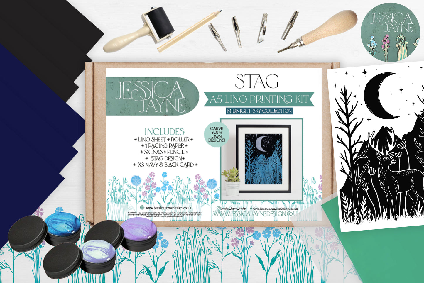 Midnight Skies- Lino Printing A5 Art Kit - Hare, Stag & Owl