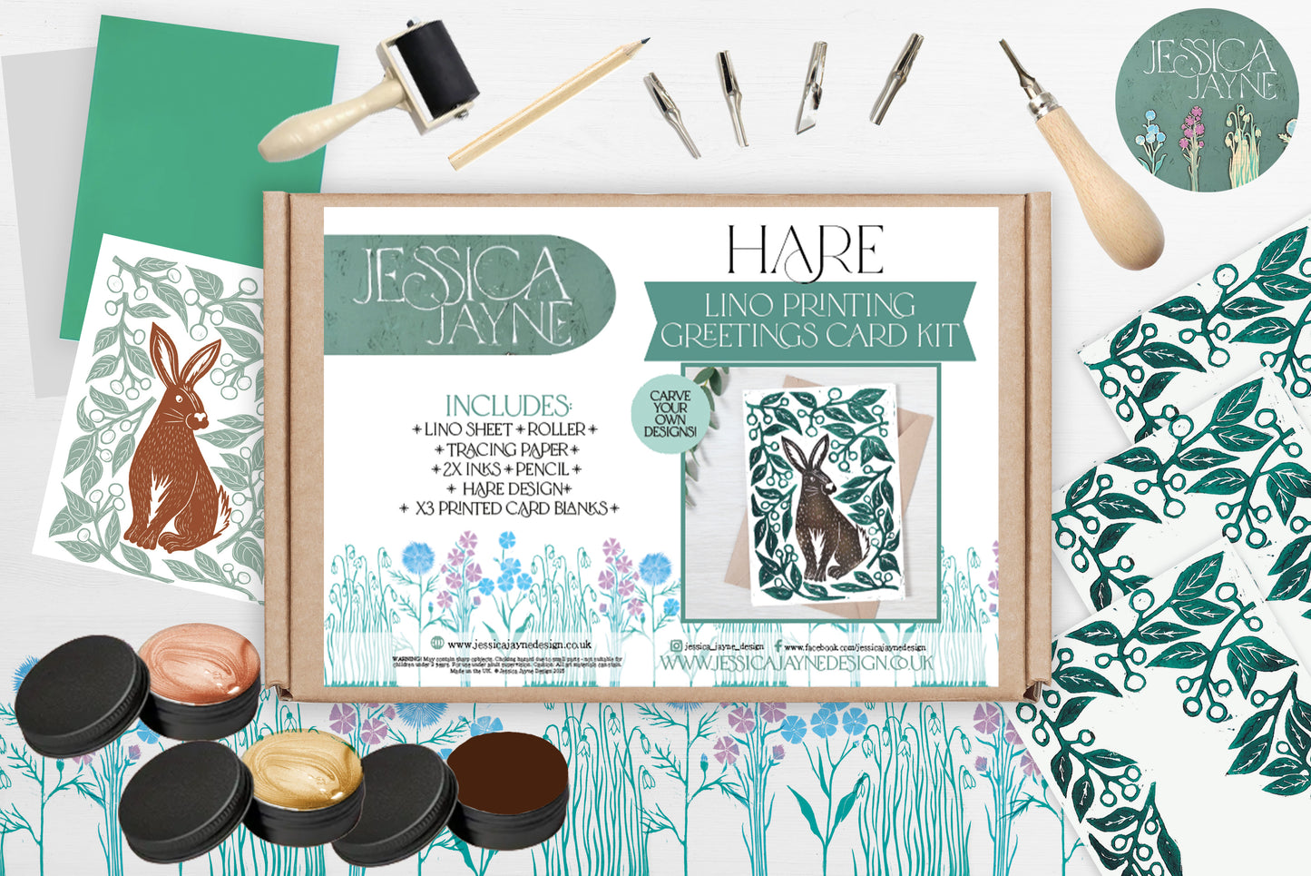 Woodland Wonders - Lino Printing Card Kit - Hedgehog, Toadstool & Hare