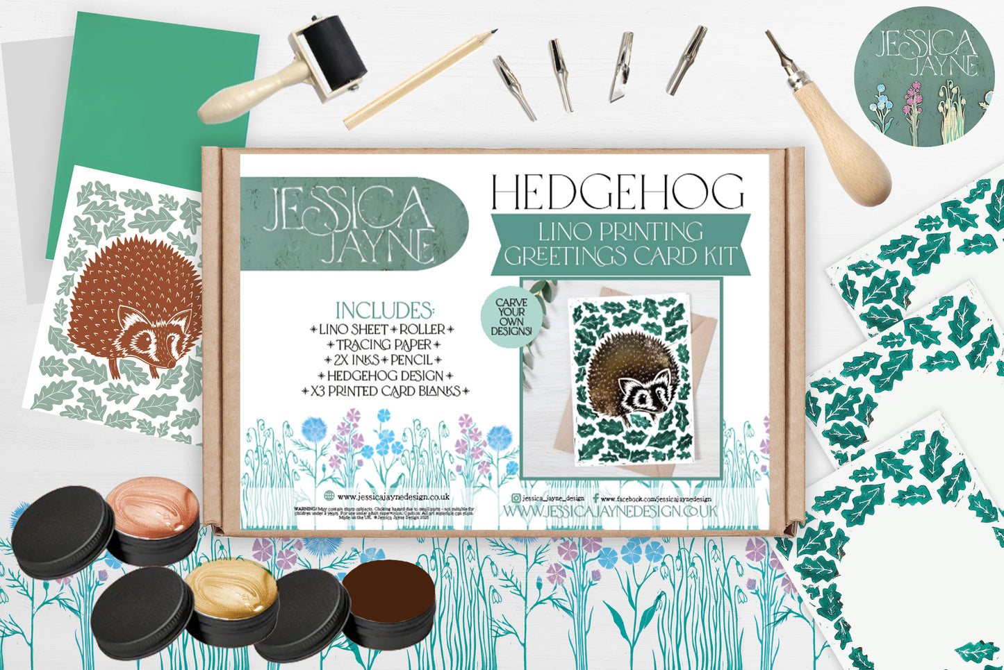 Woodland Wonders - Lino Printing Card Kit - Hedgehog, Toadstool & Hare