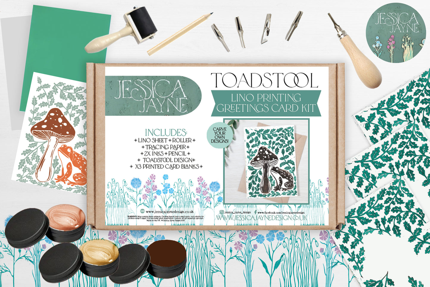 Woodland Wonders - Lino Printing Card Kit - Hedgehog, Toadstool & Hare